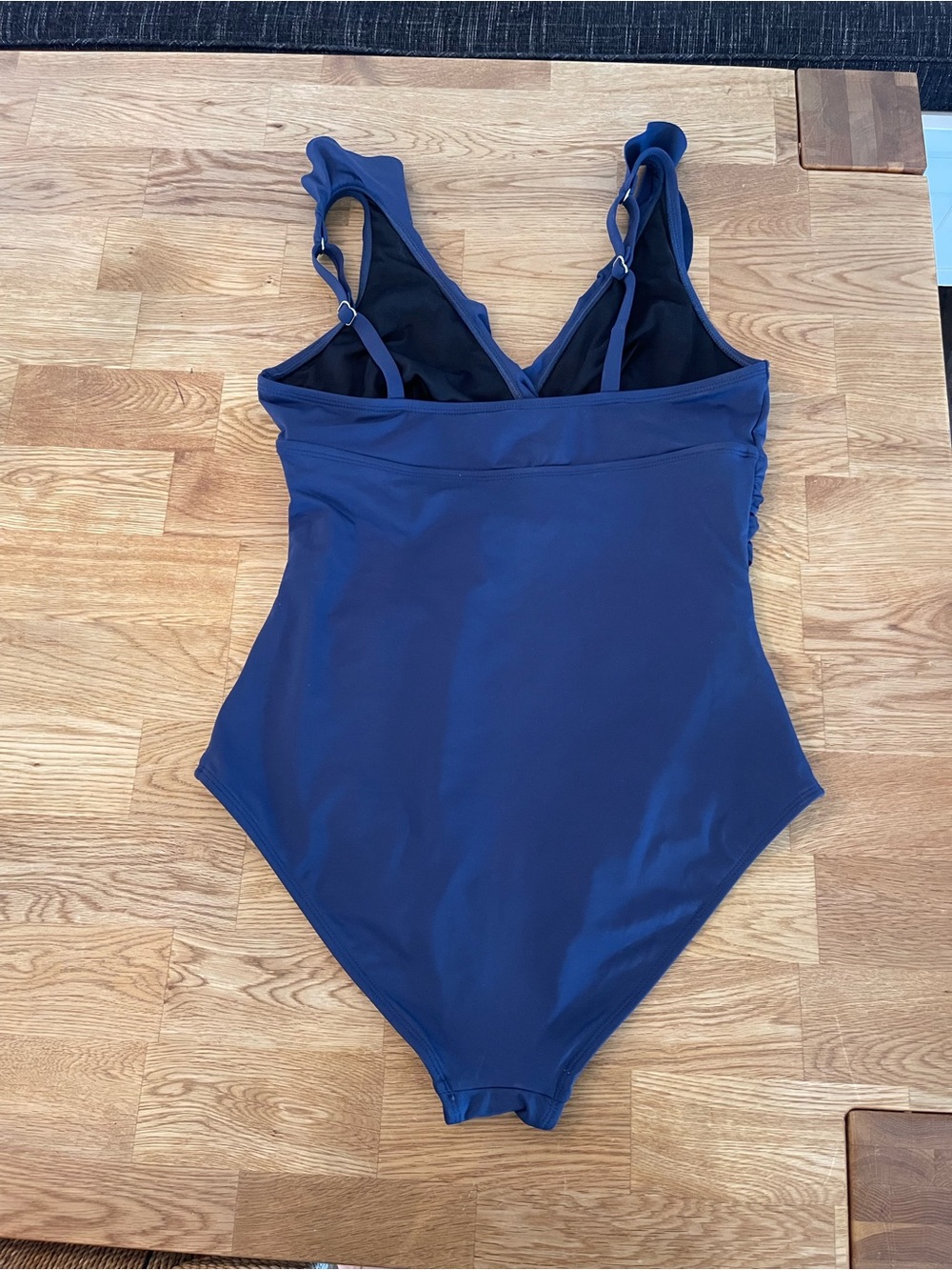 CUPSHE One Piece V Neck Swim Suit, Adjustable Straps, Ruffles, Rouching, Navy - Picture 5 of 9